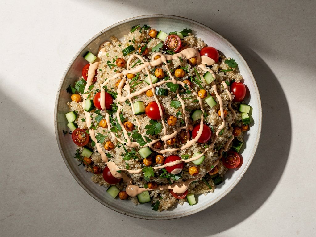 Quinoa Chickpea Salad with Lemon Tahini Dressing