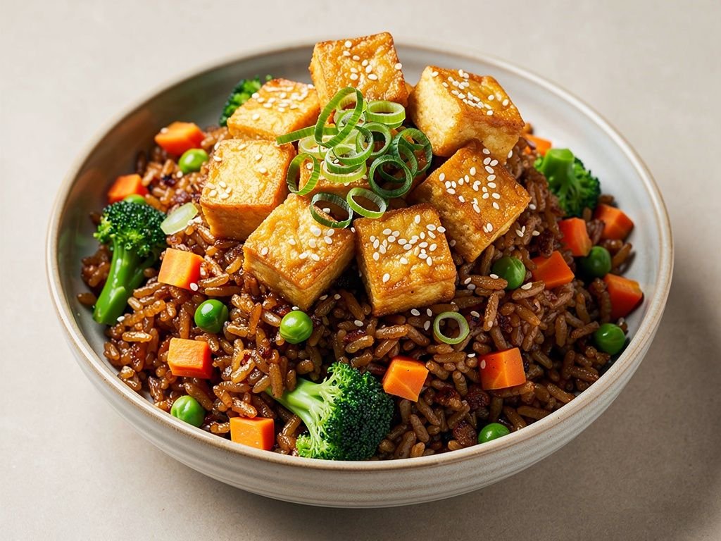 Vegetable Fried Brown Rice with Crispy Tofu